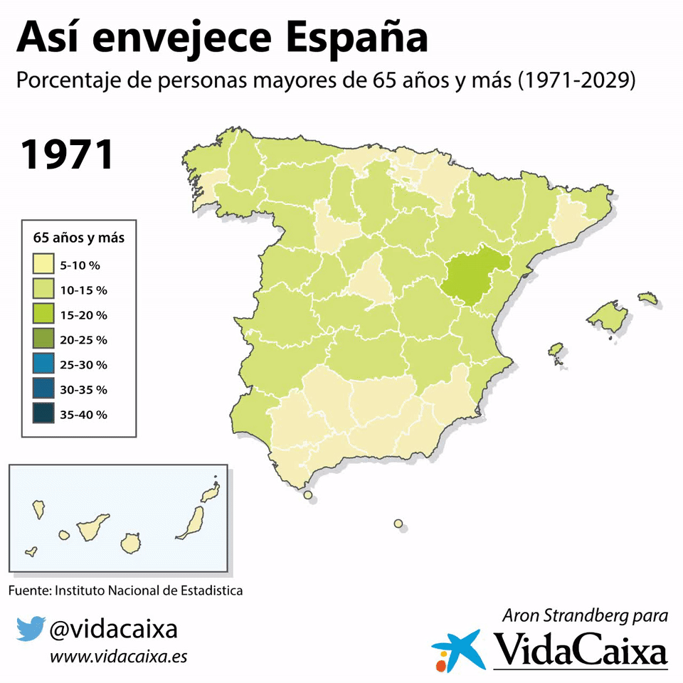 Mapa que muestra el envejecimiento en España, formato GIF