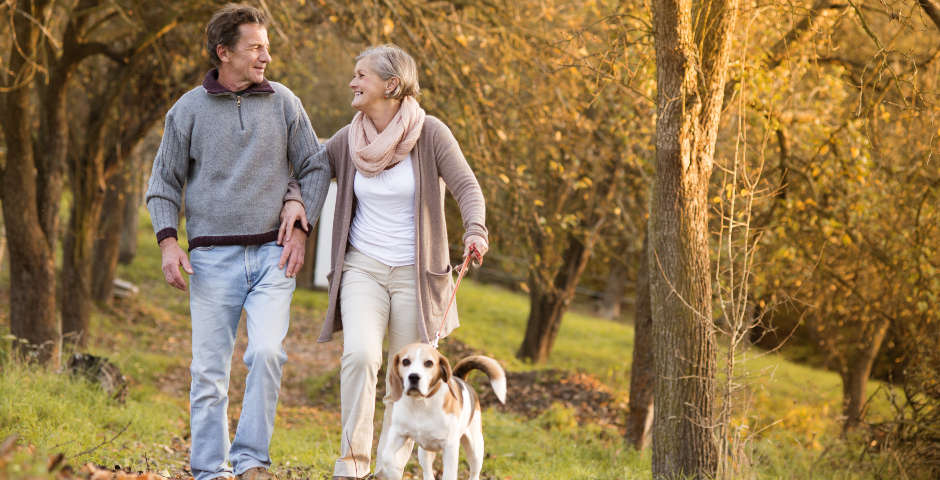 Una pareja de jubilados paseando con el perro en un bosque