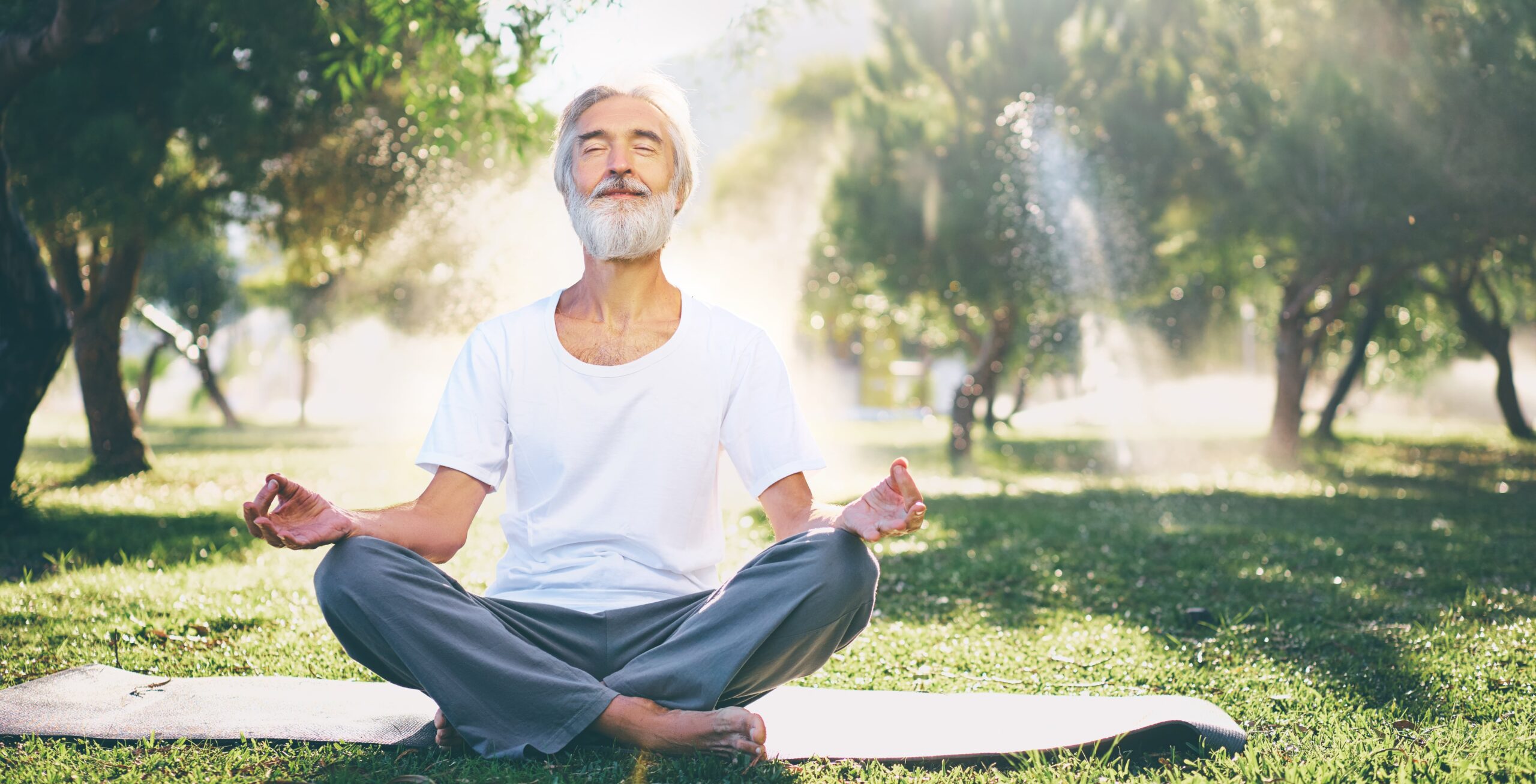 hombre senior en el parque meditando